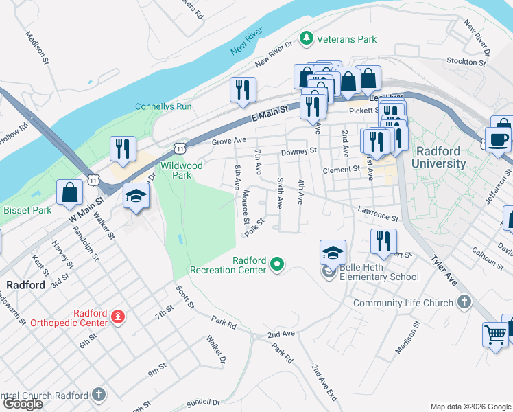map of restaurants, bars, coffee shops, grocery stores, and more near 110 Jackson Circle in Radford