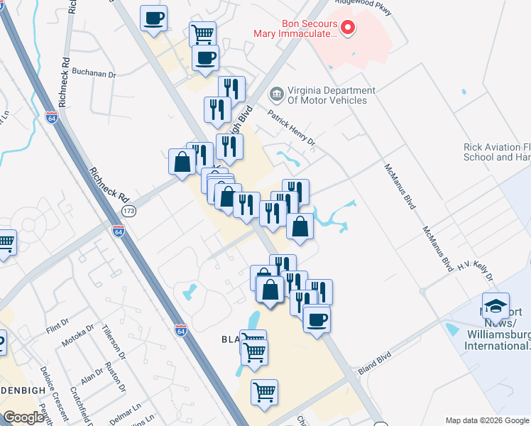 map of restaurants, bars, coffee shops, grocery stores, and more near 12644 Jefferson Ave in Newport News