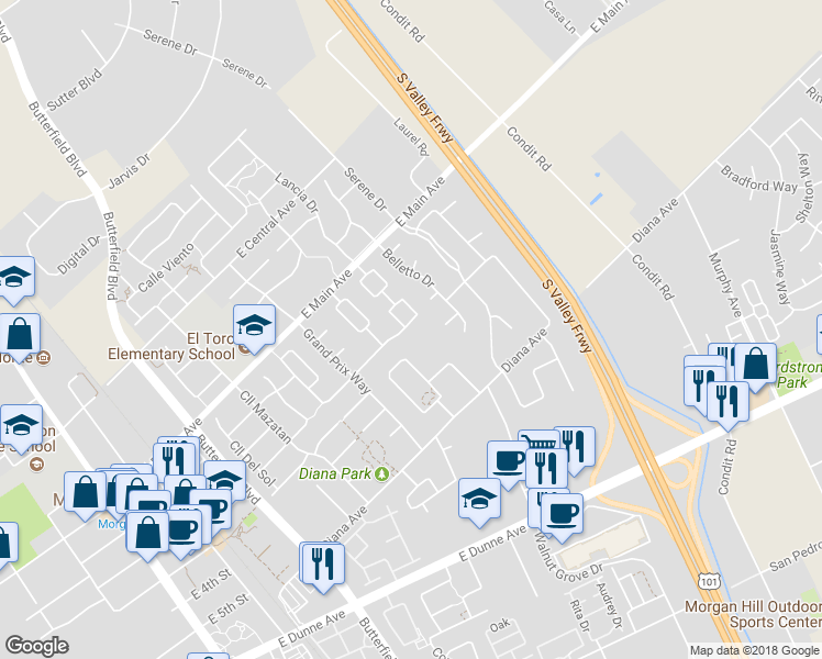 map of restaurants, bars, coffee shops, grocery stores, and more near 17386 Carriage Lamp Way in Morgan Hill