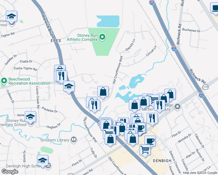 map of restaurants, bars, coffee shops, grocery stores, and more near 14553 Old Courthouse Way in Newport News