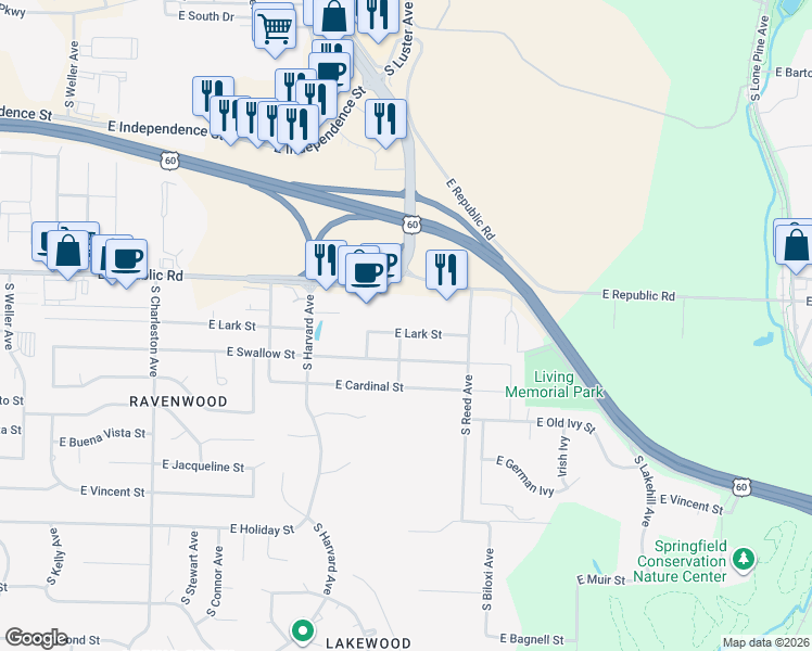 map of restaurants, bars, coffee shops, grocery stores, and more near 2164-2206 East Lark Street in Springfield