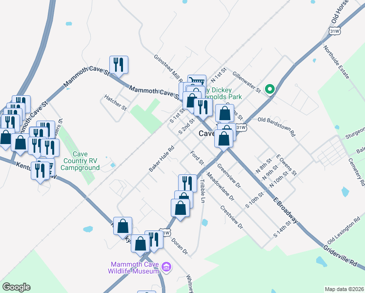 map of restaurants, bars, coffee shops, grocery stores, and more near 377-499 Baker Hale Road in Cave City