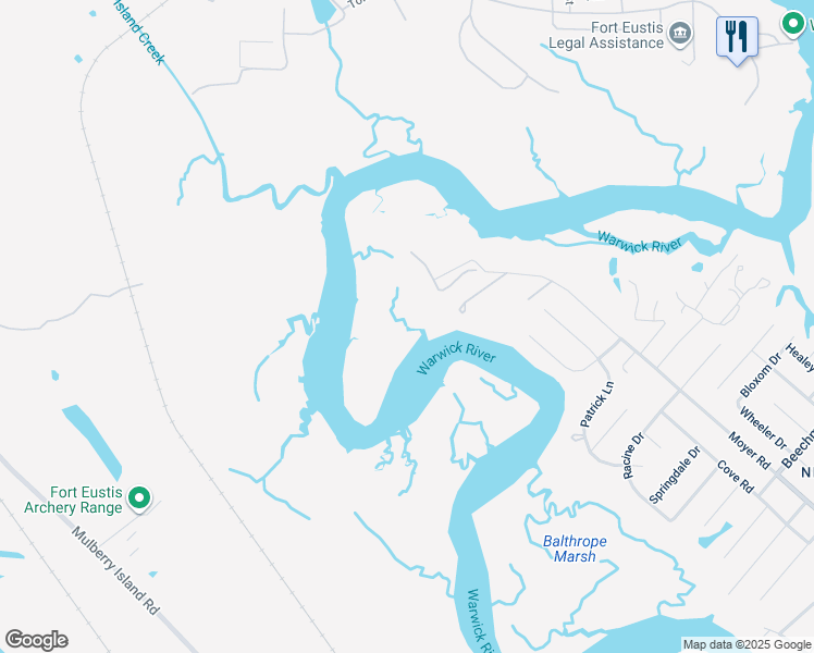 map of restaurants, bars, coffee shops, grocery stores, and more near 1336 Moyer Road in Newport News