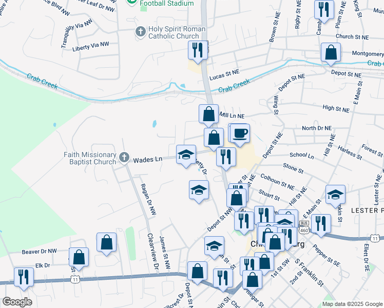 map of restaurants, bars, coffee shops, grocery stores, and more near 160 Wades Lane in Christiansburg