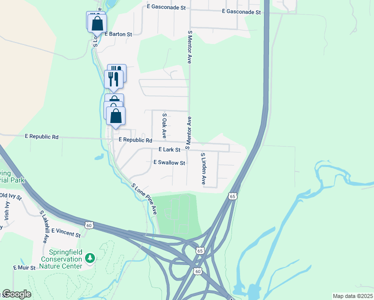 map of restaurants, bars, coffee shops, grocery stores, and more near 3242 East Lark Street in Springfield