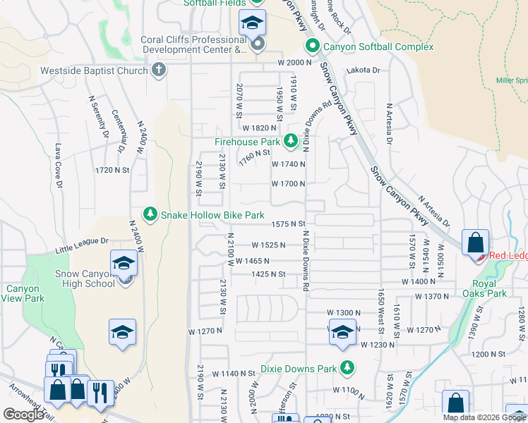 map of restaurants, bars, coffee shops, grocery stores, and more near 1995 West 1600 North in St. George