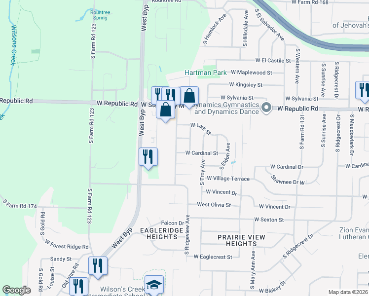 map of restaurants, bars, coffee shops, grocery stores, and more near 3945 W Cardinal St in Springfield