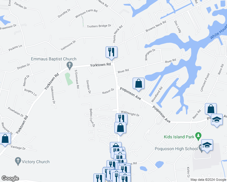 map of restaurants, bars, coffee shops, grocery stores, and more near 1 Kelsor Drive in Poquoson