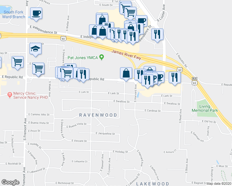 map of restaurants, bars, coffee shops, grocery stores, and more near 1929 East Lark Street in Springfield