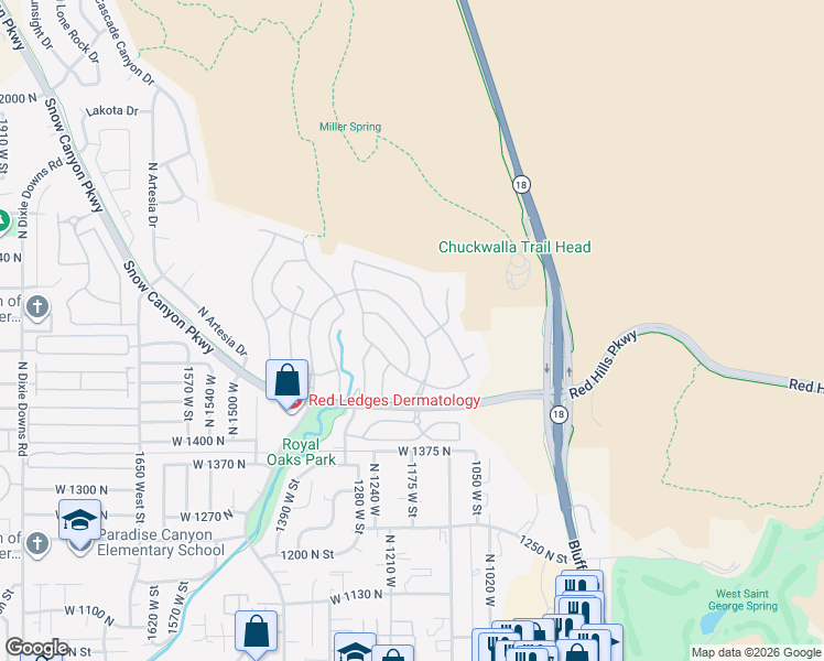 map of restaurants, bars, coffee shops, grocery stores, and more near 1635 North Sonoran Drive in St. George