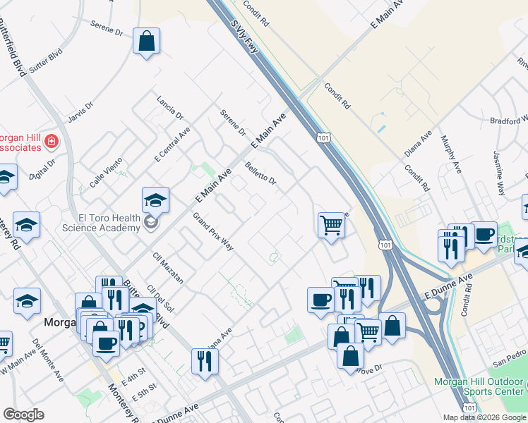 map of restaurants, bars, coffee shops, grocery stores, and more near 17388 Carriage Lamp Way in Morgan Hill