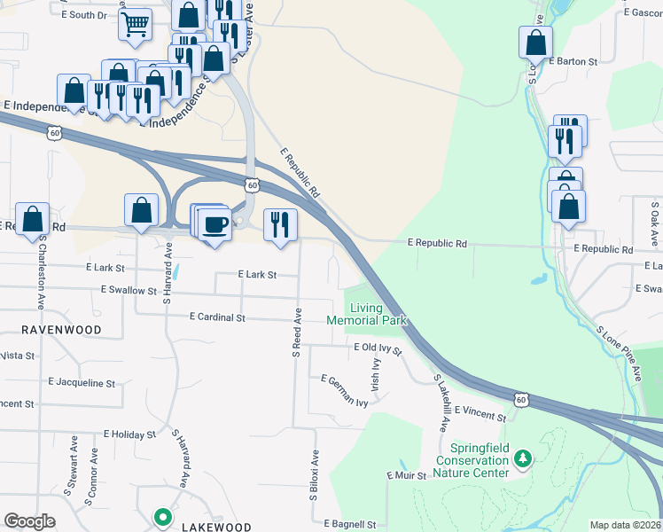 map of restaurants, bars, coffee shops, grocery stores, and more near 4219 South Nature Center Way in Springfield