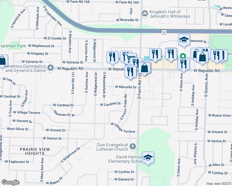 map of restaurants, bars, coffee shops, grocery stores, and more near 3216 Aaron Drive in Springfield