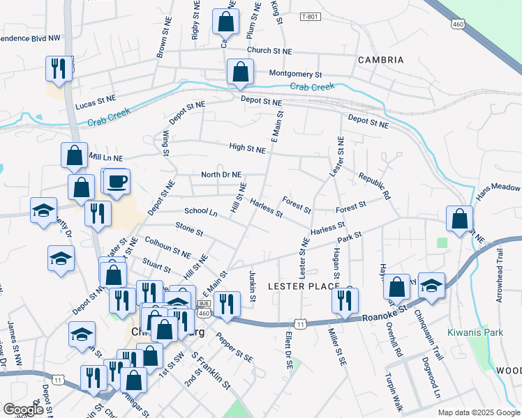map of restaurants, bars, coffee shops, grocery stores, and more near 511 East Main Street in Christiansburg