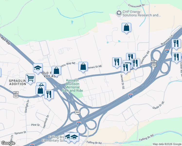 map of restaurants, bars, coffee shops, grocery stores, and more near 2150 Roanoke Street in Christiansburg