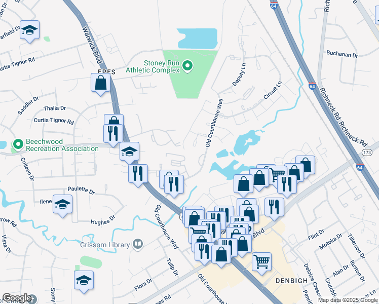 map of restaurants, bars, coffee shops, grocery stores, and more near 14547 Old Courthouse Way in Newport News