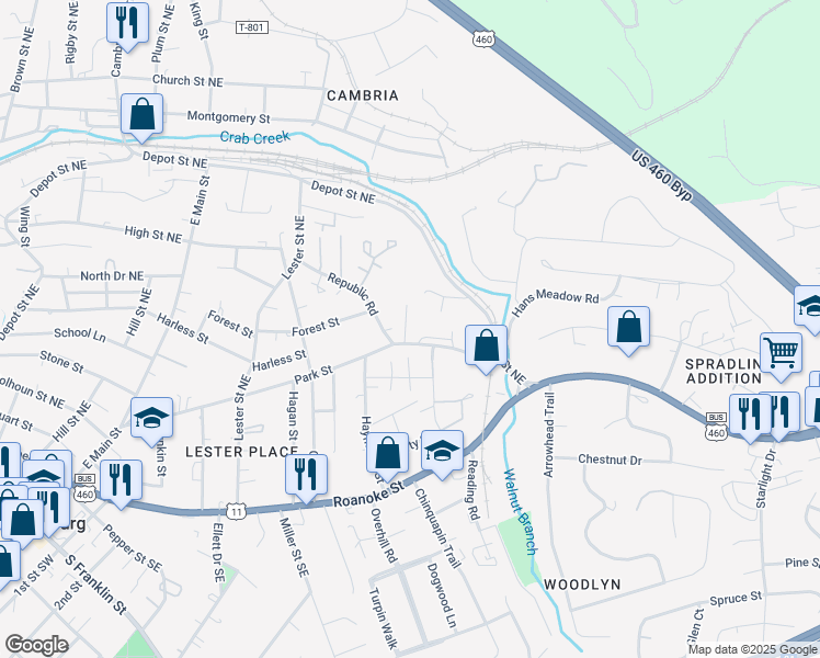 map of restaurants, bars, coffee shops, grocery stores, and more near 740 Park St in Christiansburg