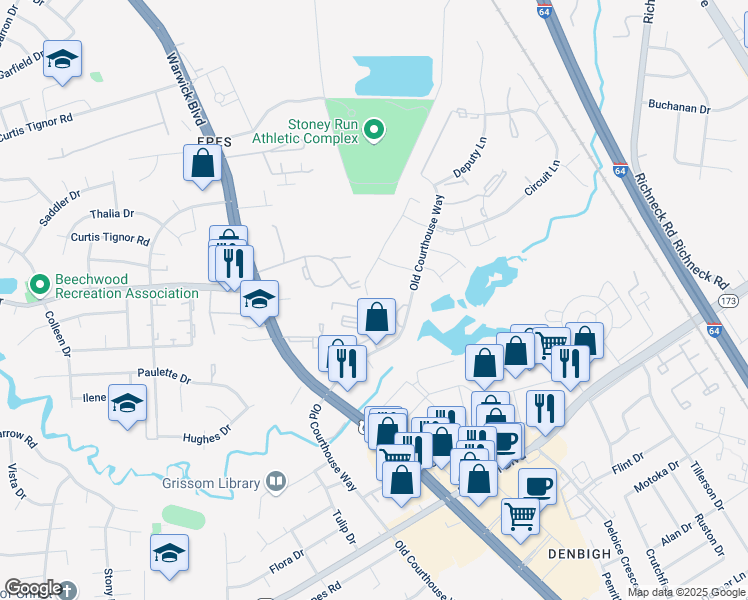 map of restaurants, bars, coffee shops, grocery stores, and more near 14547 Old Courthouse Way in Newport News