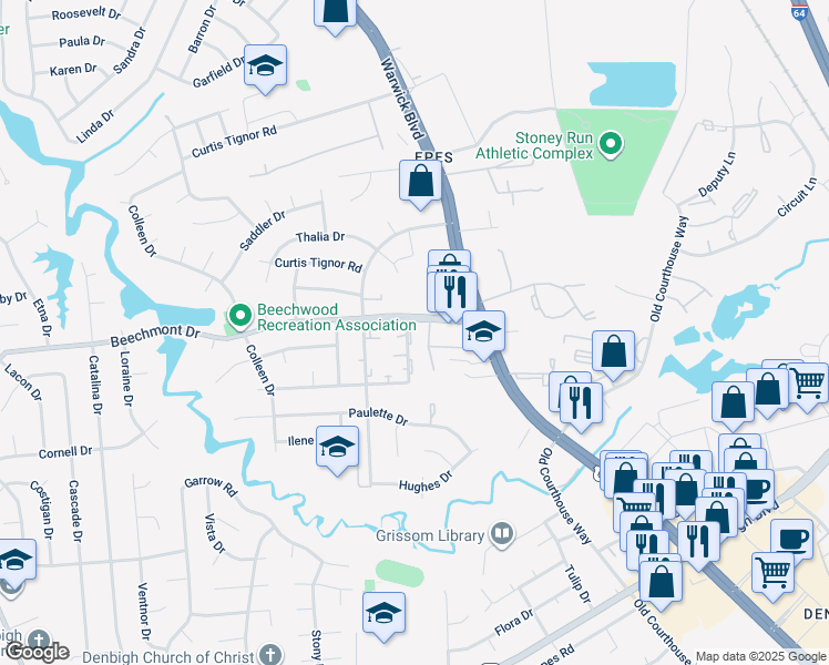 map of restaurants, bars, coffee shops, grocery stores, and more near 382 De Laura Drive in Newport News
