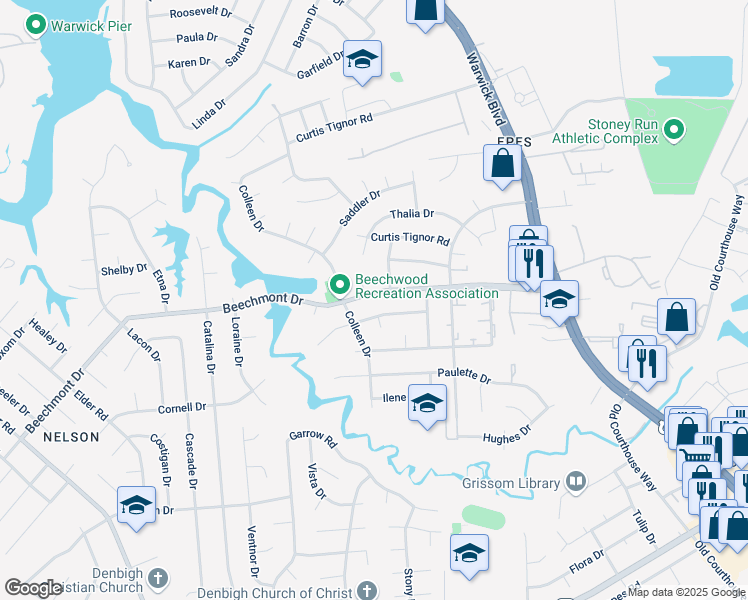 map of restaurants, bars, coffee shops, grocery stores, and more near 324 Beechmont Drive in Newport News
