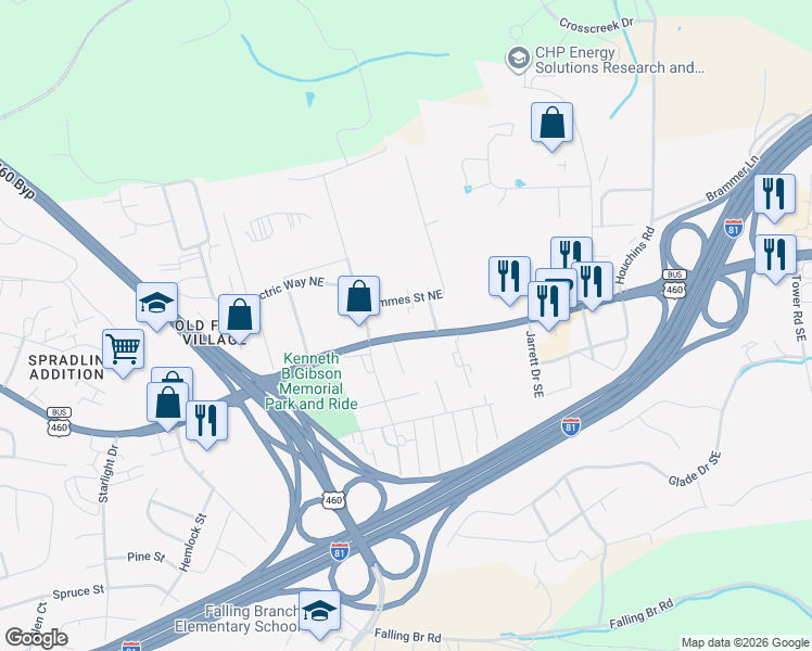 map of restaurants, bars, coffee shops, grocery stores, and more near 2150 Roanoke Street in Christiansburg