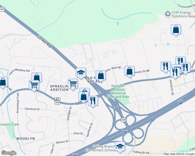 map of restaurants, bars, coffee shops, grocery stores, and more near 240 Countrie Drive in Christiansburg