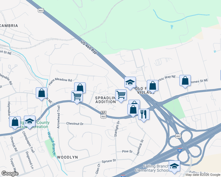 map of restaurants, bars, coffee shops, grocery stores, and more near 120 Justin Lane in Christiansburg