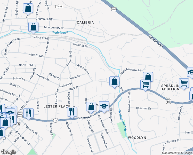 map of restaurants, bars, coffee shops, grocery stores, and more near 740 Park St in Christiansburg