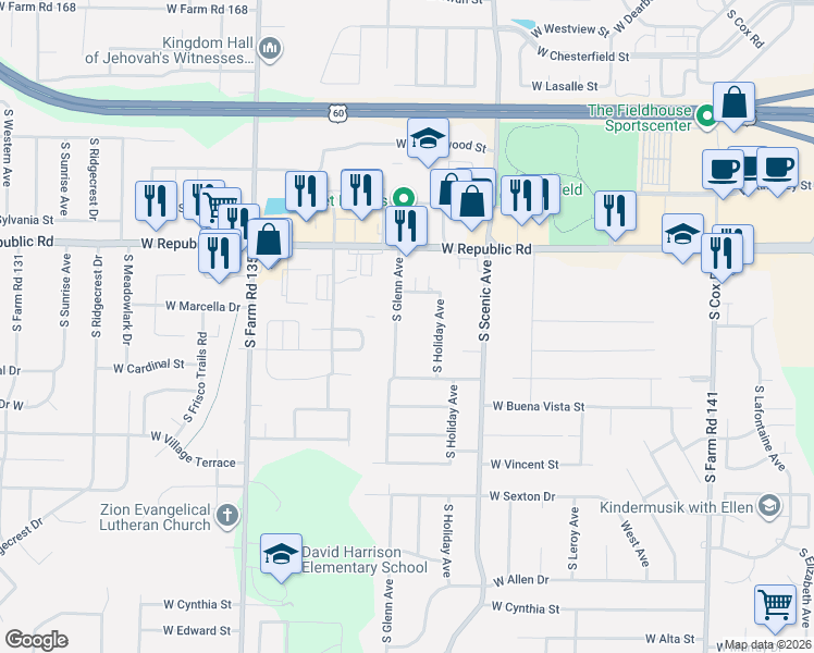 map of restaurants, bars, coffee shops, grocery stores, and more near 4334 South Glenn Avenue in Springfield
