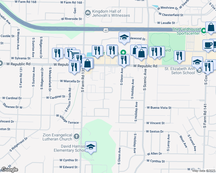 map of restaurants, bars, coffee shops, grocery stores, and more near 2982 West Swallow Street in Springfield
