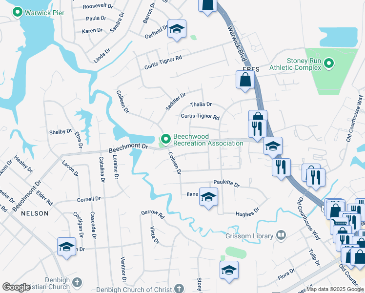 map of restaurants, bars, coffee shops, grocery stores, and more near 324 Beechmont Drive in Newport News