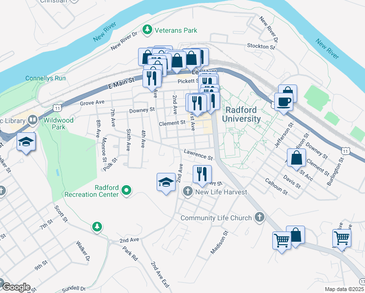 map of restaurants, bars, coffee shops, grocery stores, and more near 600 2nd Avenue in Radford