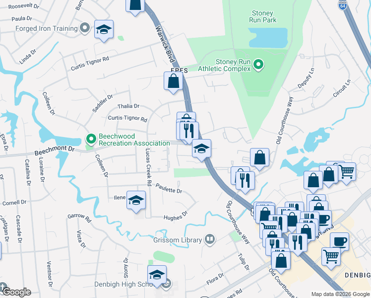 map of restaurants, bars, coffee shops, grocery stores, and more near 376 Beechmont Drive in Newport News