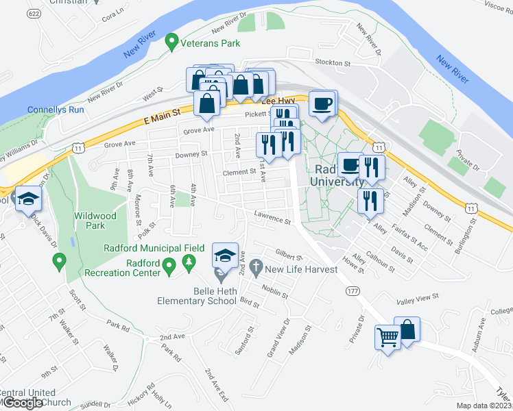 map of restaurants, bars, coffee shops, grocery stores, and more near 1106 Calhoun Street in Radford