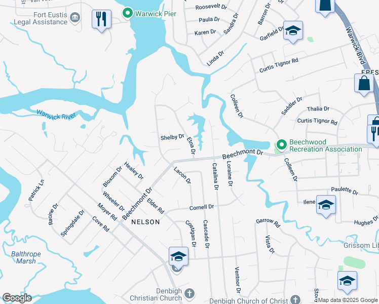 map of restaurants, bars, coffee shops, grocery stores, and more near 903 Etna Drive in Newport News