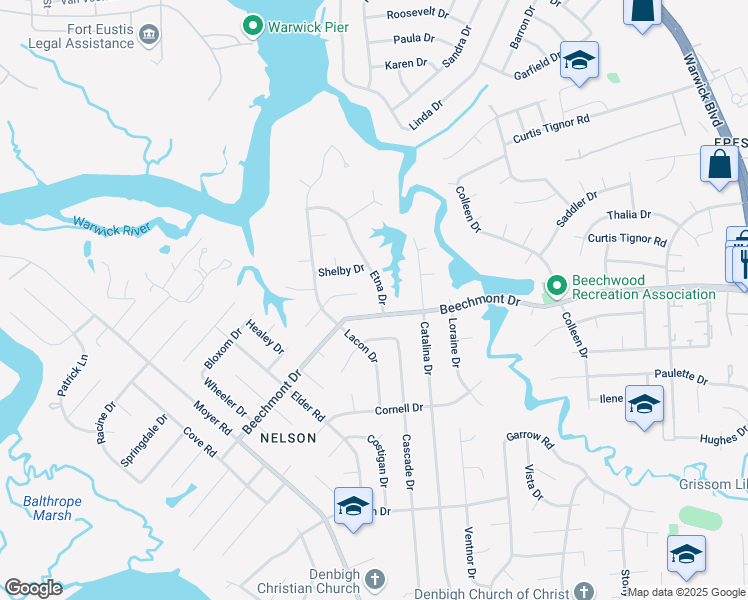 map of restaurants, bars, coffee shops, grocery stores, and more near 903 Etna Drive in Newport News