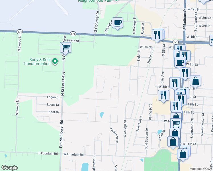 map of restaurants, bars, coffee shops, grocery stores, and more near 1026 Chesterfield Drive in Webb City