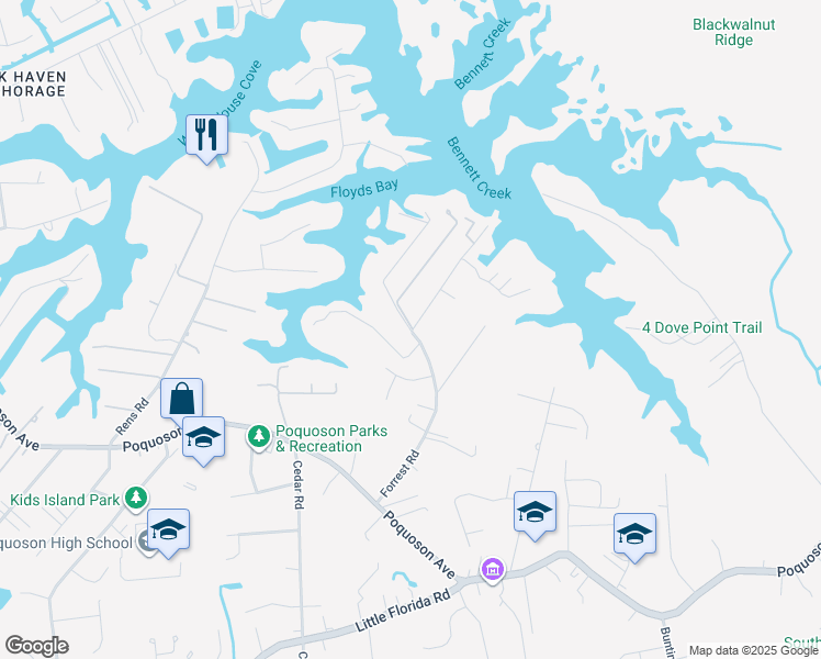 map of restaurants, bars, coffee shops, grocery stores, and more near 85 Forrest Road in Poquoson