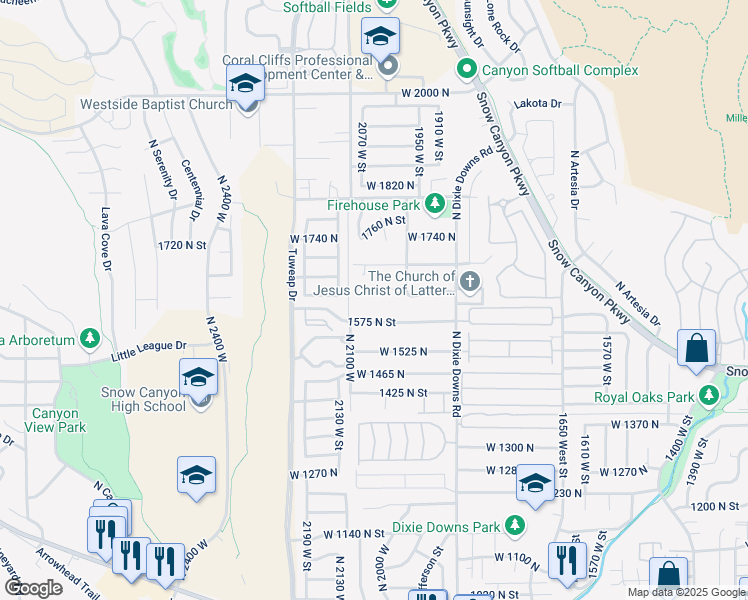 map of restaurants, bars, coffee shops, grocery stores, and more near 2045 West 1600 North in St. George