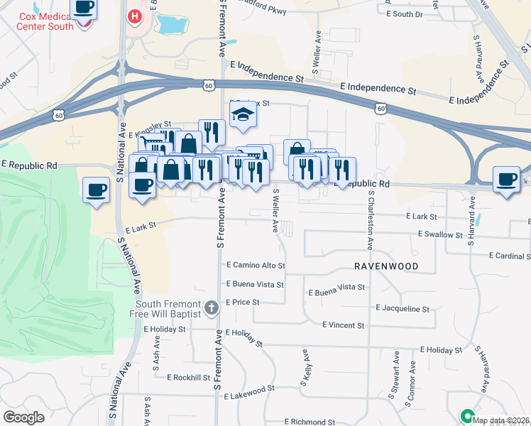 map of restaurants, bars, coffee shops, grocery stores, and more near 1517 East Lark Street in Springfield