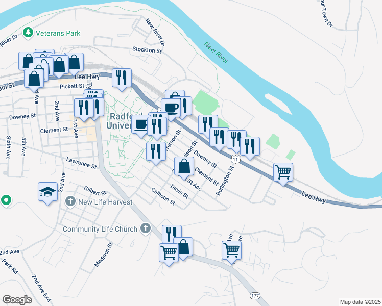 map of restaurants, bars, coffee shops, grocery stores, and more near 530 Clement Street in Radford