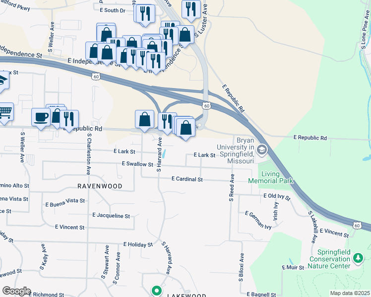map of restaurants, bars, coffee shops, grocery stores, and more near 4301-4399 South Gentry Avenue in Springfield