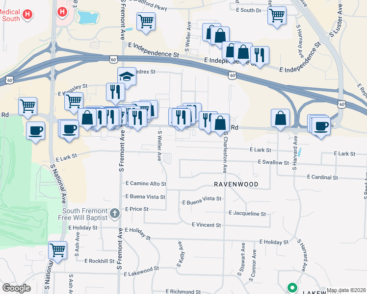 map of restaurants, bars, coffee shops, grocery stores, and more near 1619 East Swallow Street in Springfield