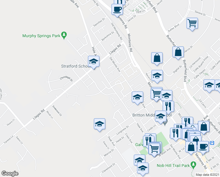 map of restaurants, bars, coffee shops, grocery stores, and more near 17905 Stoney Creek Way in Morgan Hill