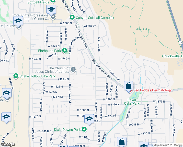 map of restaurants, bars, coffee shops, grocery stores, and more near 59 Snow Canyon Drive in Ivins