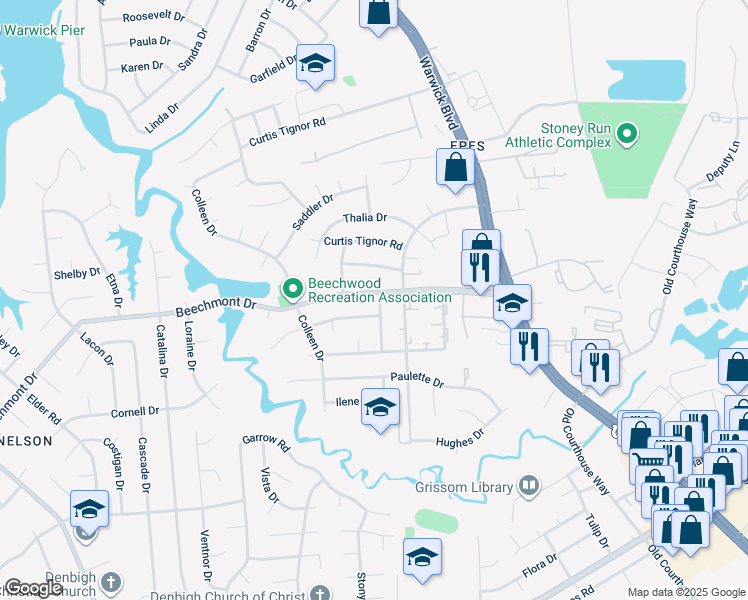 map of restaurants, bars, coffee shops, grocery stores, and more near 895 Clemson Drive in Newport News
