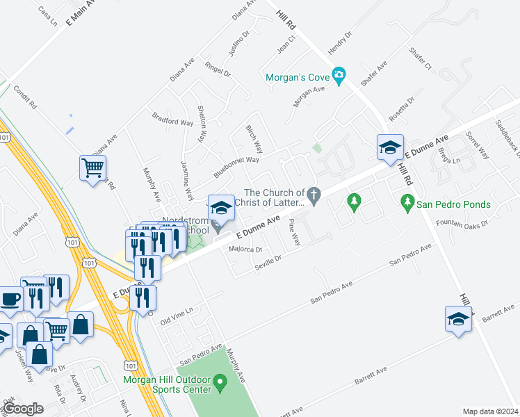 map of restaurants, bars, coffee shops, grocery stores, and more near 17029 Aspen Way in Morgan Hill