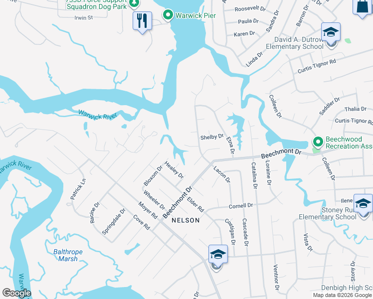 map of restaurants, bars, coffee shops, grocery stores, and more near 158 Highwood Circle in Newport News