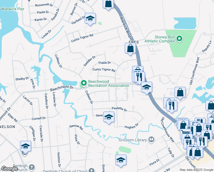 map of restaurants, bars, coffee shops, grocery stores, and more near 895 Clemson Drive in Newport News