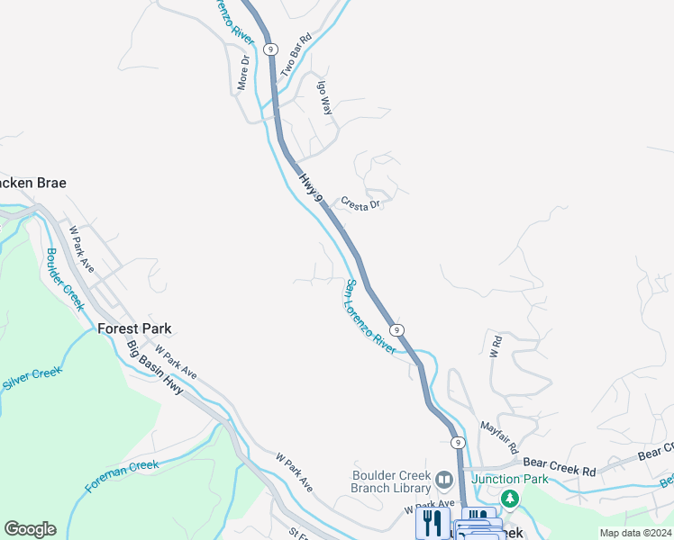 map of restaurants, bars, coffee shops, grocery stores, and more near 564 Lilac Avenue in Boulder Creek